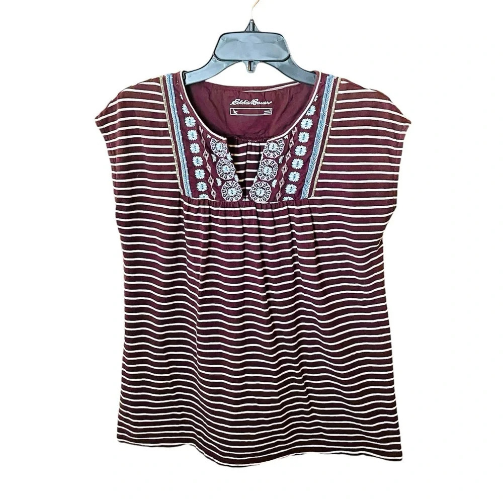 Eddie Bauer women’s sleeveless embroidered boho top SZ S brown white stripe